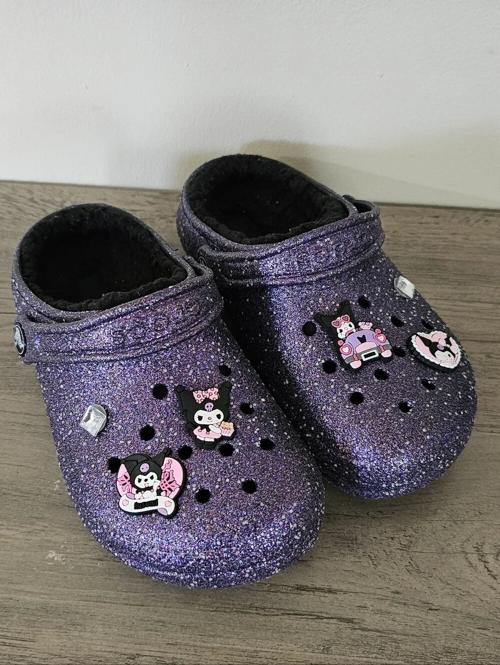 Crocs Classic Purple Space Glitter Plush Lined Clog Girl J1 Sandal Kuromi Charms